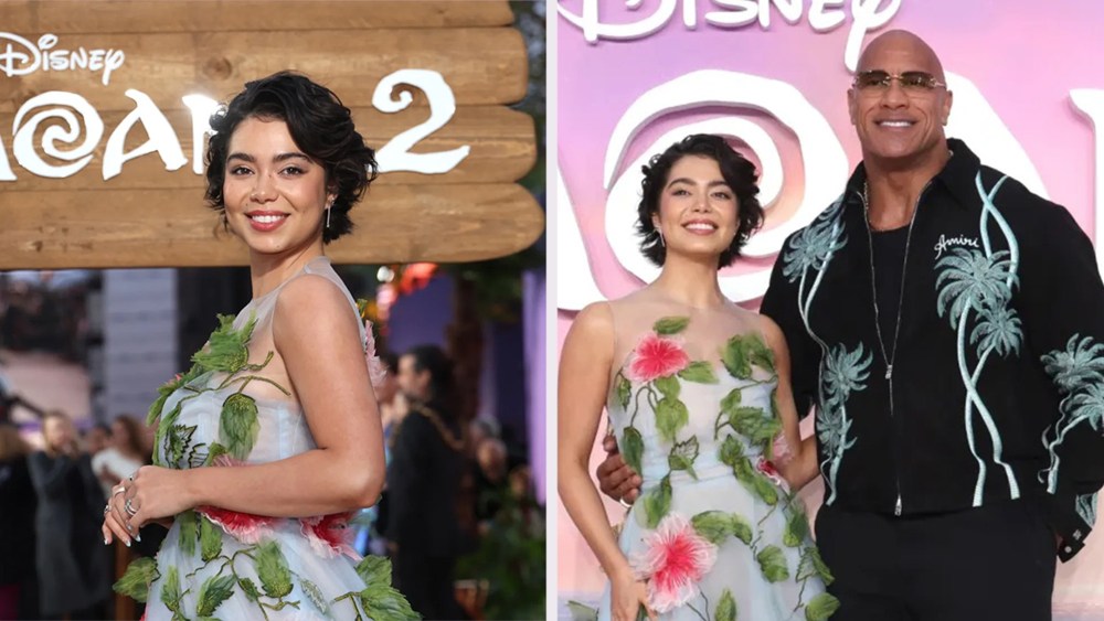 auliʻi-cravalho-and-dwayne-johnson-pair-petals-and-palms-in-3d-floral-oscar-de-la-renta-dress-and-amiri-jacket-at-‘moana-2’ premiere