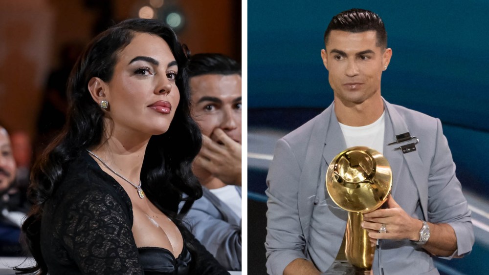 cristiano-ronaldo-wins-globe-soccer-awards-in-givenchy-harness-suit-with-‘wife’-georgina-rodriguez-in-lace look