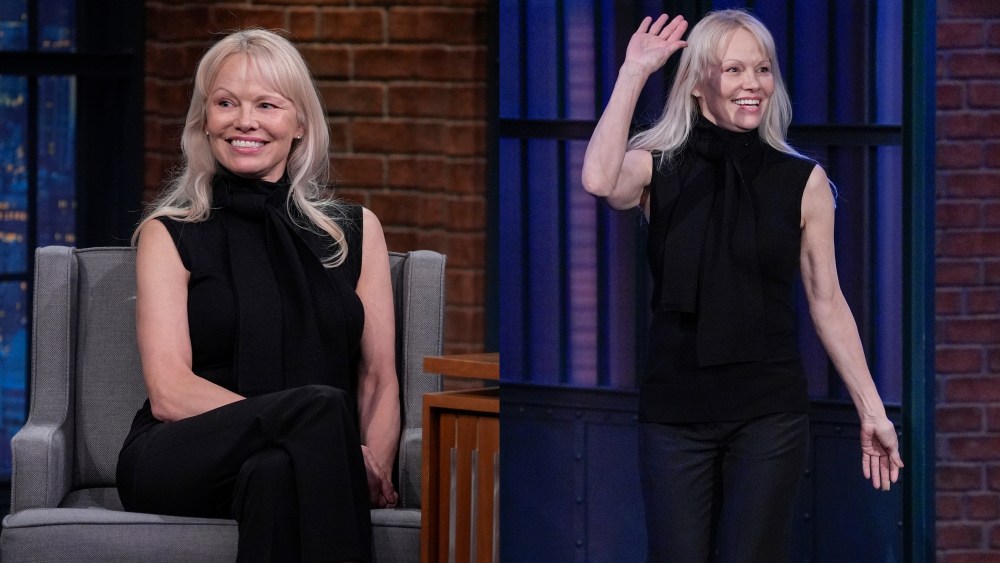 pamela-anderson-goes-sleeveless-in-knit-top-with-scarf-detailing-on-‘seth-meyers,’-talks-‘the-last showgirl’