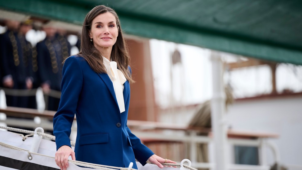 queen-letizia-of-spain-refreshes-her-navy-suit-with-a-lavalliere-blouse-on-the-ship-juan-sebastian-de-elcano-in cadiz