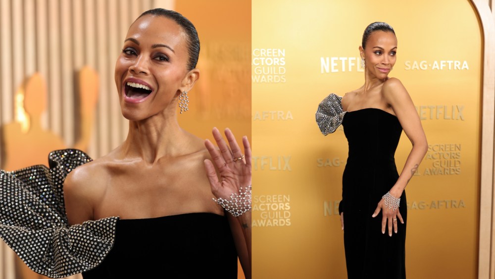 zoe-saldana-goes-strapless-in-saint-laurent-dress-with-dramatic-ruffle-detail-to-sag-awards-2025-red carpet