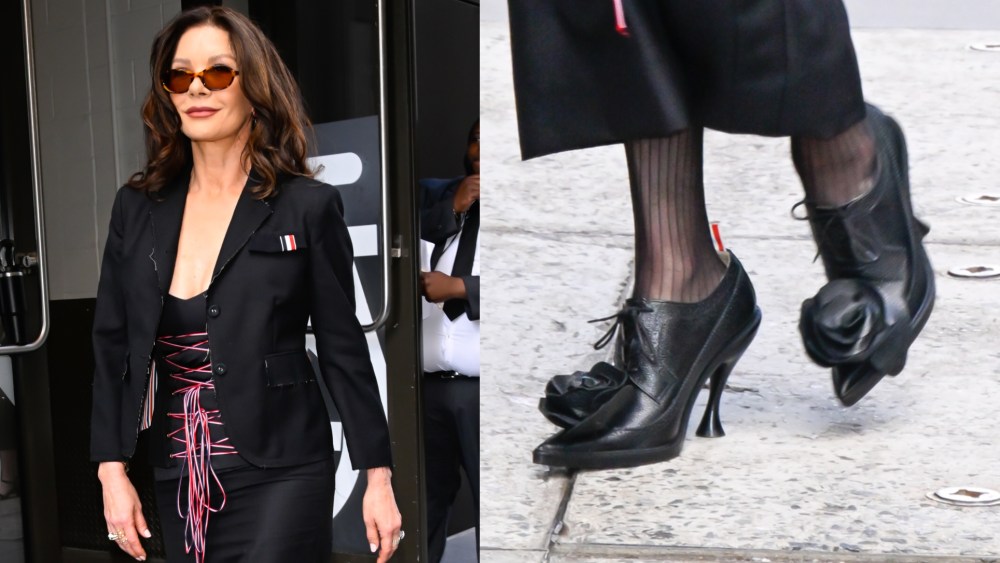 catherine-zeta-jones-laces-up-whimsical-thom-browne-heels-to-promote-‘wednesday’-in-new york