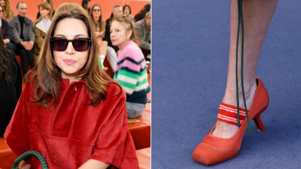 aubrey-plaza-goes-courtside-bright-in-lacoste’s-orange-hybrid-heels-at-paris-fashion week