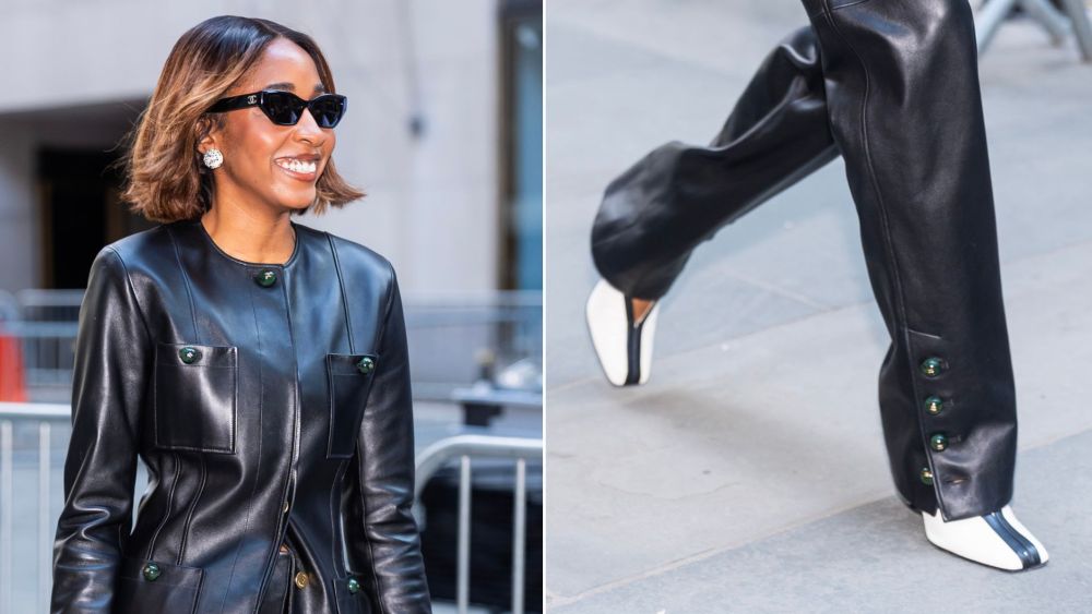 ayo-edebiri-adds-a-graphic-finish-to-a-leather-chanel-look-with-matthieu-blazy’s-two-tone pumps