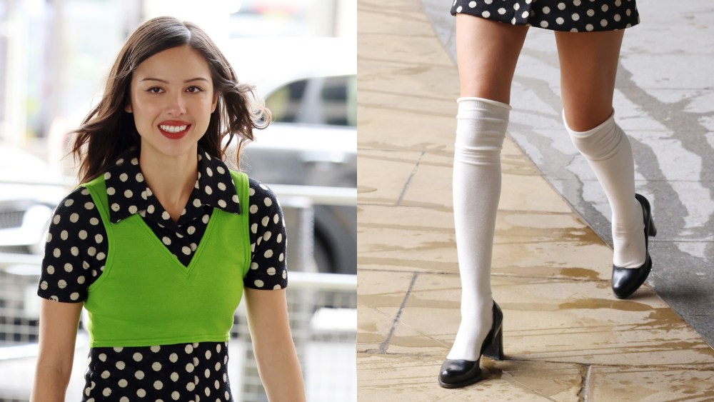 olivia-rodrigo-goes-old-school-in-black-pumps-paired-with-knee-high socks