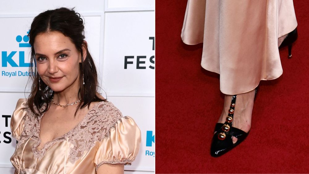 katie-holmes-gives-chloe’s-gold-studded-t-strap-heels-a-romantic-turn-at tribeca
