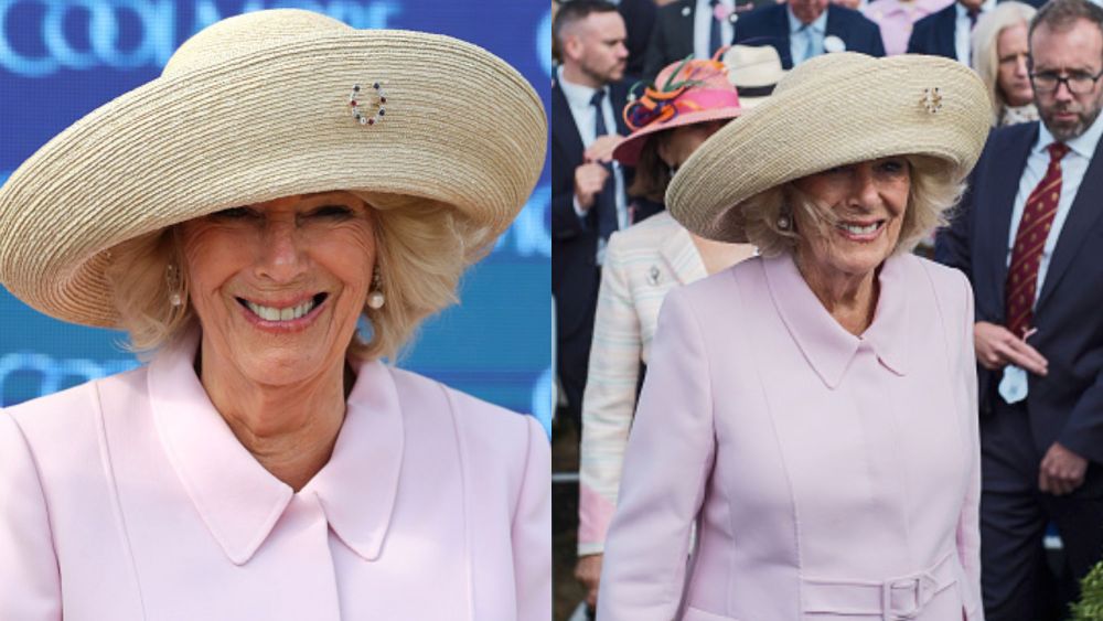 queen-camilla-dons-glimmering-edwardian-ruby-and-sapphire-‘minoru’-brooch-for-sky-bet-ebor festival