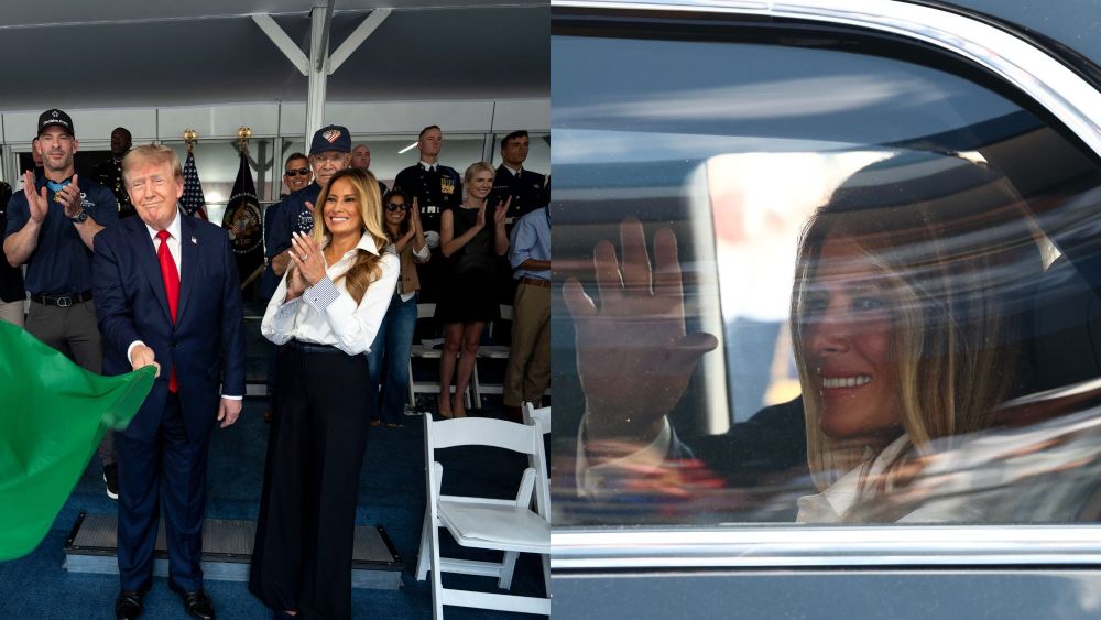 melania-trump-goes-trackside-in-crisp-black-and-white-tailoring-at-freedom-250-grand prix