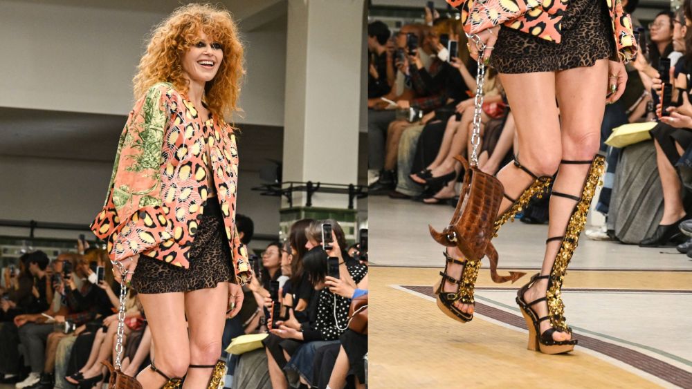 natasha-lyonne-models-glittering-gladiator-style-platform-heels-on-vivienne-westwood-spring-2027 runway