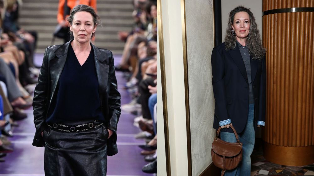 olivia-colman-tries-her-hand-at-modeling-in-sleek-leather-formalwear-on-miu-miu’s-spring-2027 runway
