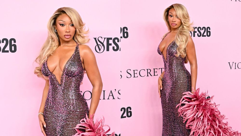 megan-thee-stallion-cozies-up-in-feather-boa-&-sheer-bedazzled-dress-for-victoria’s-secret-fashion-show-2026-pink carpet
